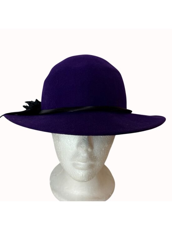 Vintage Purple Felt Wide Brim Hat Wool Head Hugger USA Black Ribbon Church main image 13